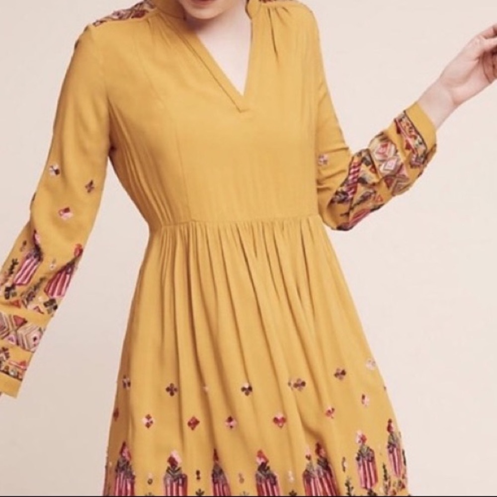 Anthropologie | Floreat Embroidered Gold Dress